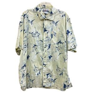 Columbia Shirt Men's 100% Cotton Short Sleeve Button Up Cream Blue Swordfish.